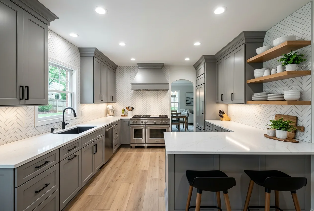 Modern gray shaker kitchen with herringbone backsplash and double range