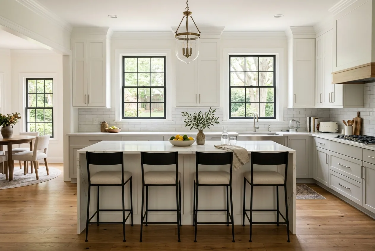 Off-white kitchen with black-framed windows and oak floors