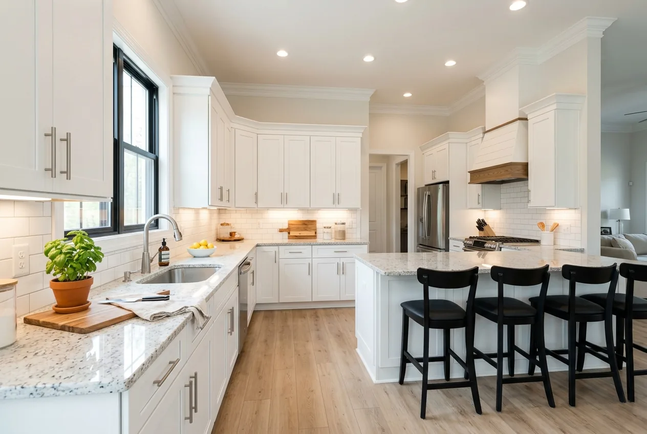 Bright modern white kitchen with granite counters and black bar stools