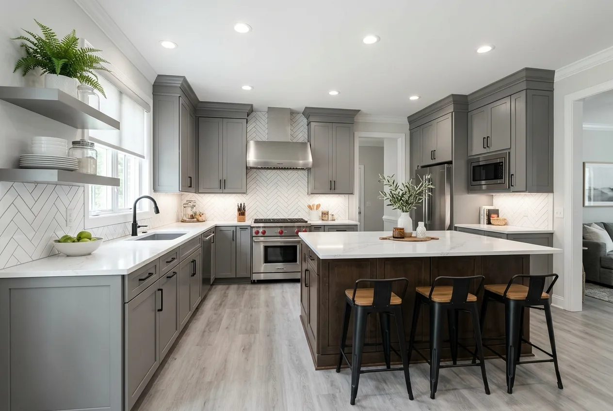Gray shaker kitchen with marble waterfall island and herringbone backsplash