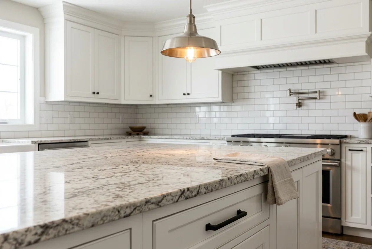 Detailed view of a marble countertop in a finished kitchen