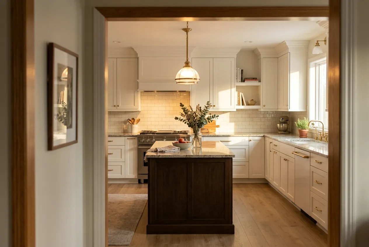 White shaker kitchen with dark wood island and warm pendant lighting